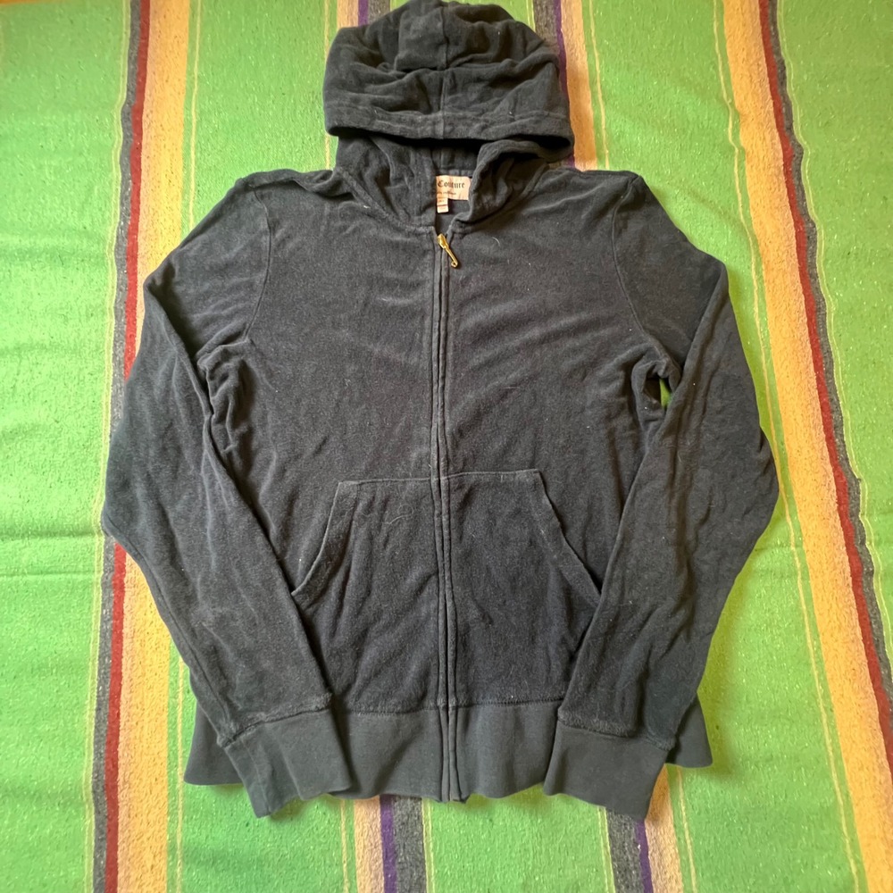 Juicy Couture Hoodie Womens XL Black Terry Cloth Full Zip J-Pull Y2K McBling